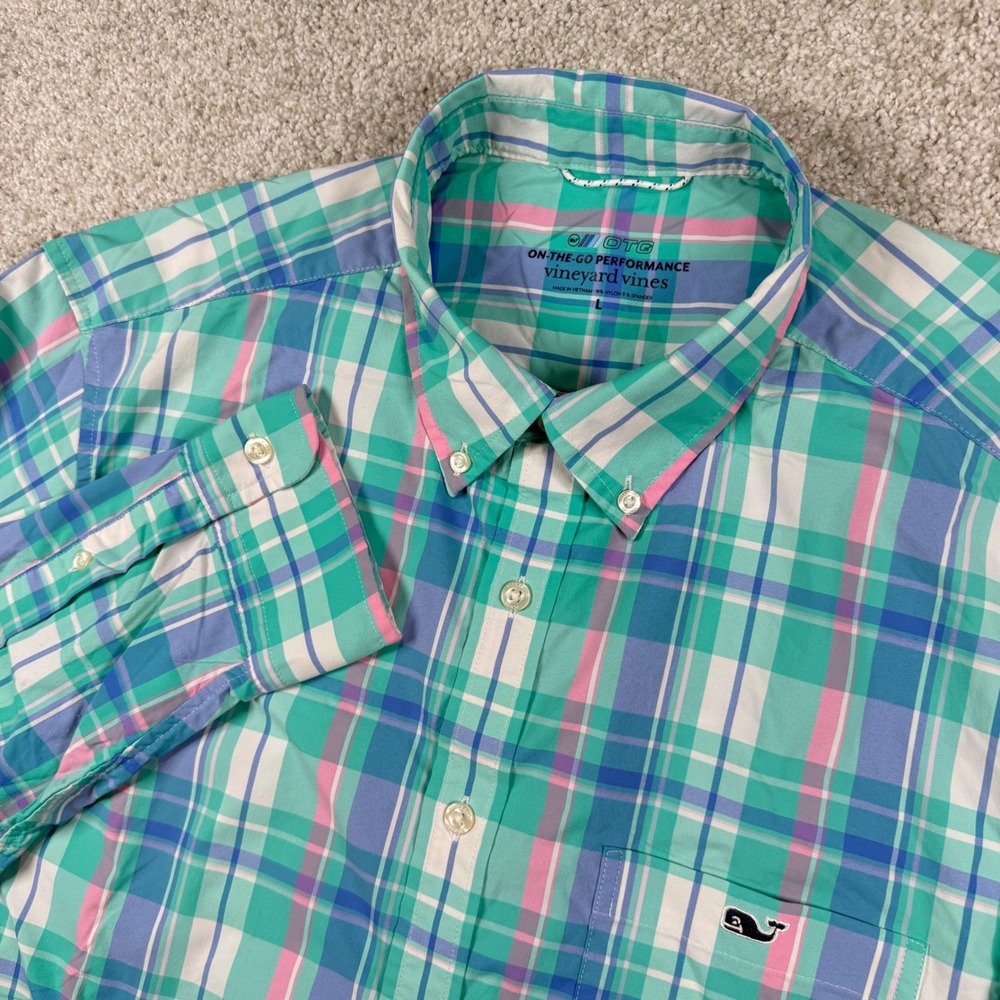 Vineyard Vines Button Down Men L Green Plaid On-The-Go Performance Shirt